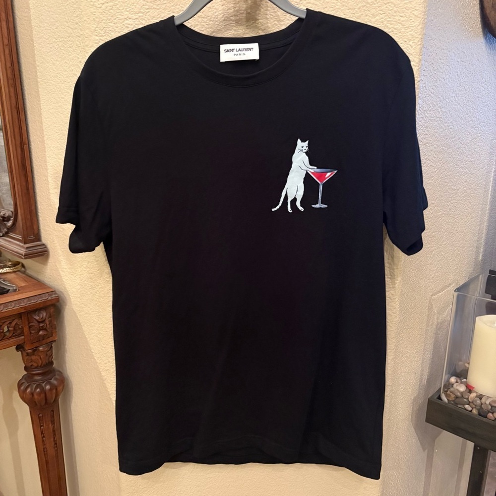 Saint Laurent Black Cat-Print Martini Graphic Crew Neck T-Shirt Size Large